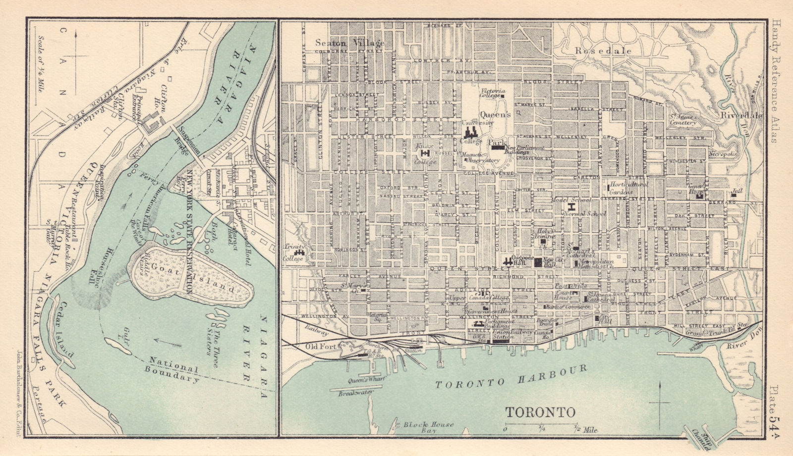 Toronto town/city plan & Niagara Falls. Ontario. BARTHOLOMEW 1898 old map