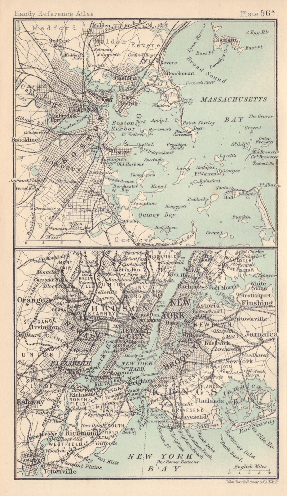 Environs of New York City. Massachusetts. BARTHOLOMEW 1898 old antique map