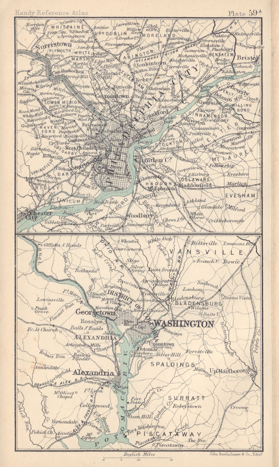 Environs of Washington DC & Philadelphia. BARTHOLOMEW 1898 old antique map