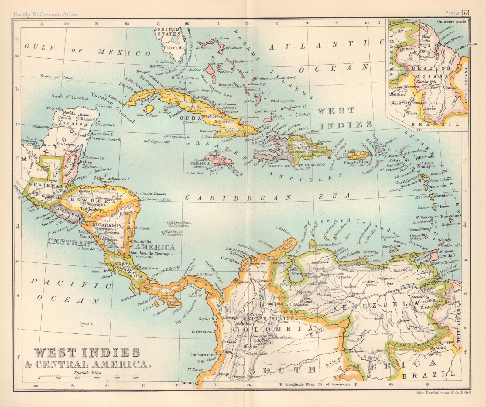 Associate Product West Indies and Central America; Inset British Guiana. Caribbean 1898 old map