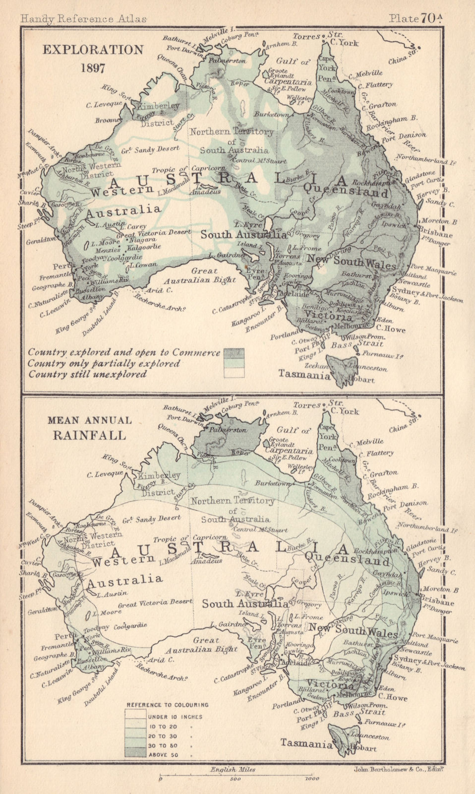Australia explored areas in 1903. Mean Annual Rainfall. BARTHOLOMEW 1898 map