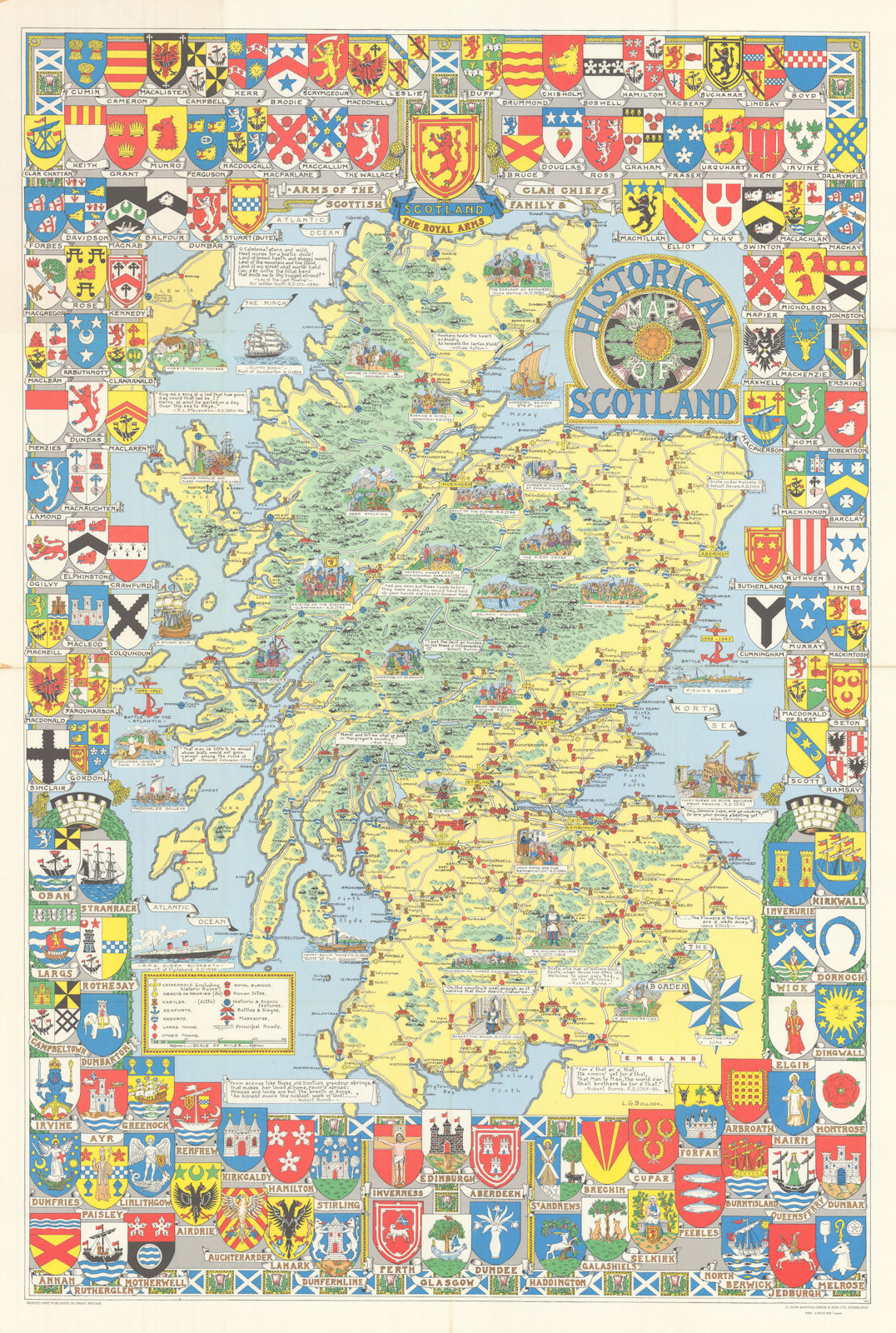 Scotland Historical Map. Family crests. Battles dates. 100x67cm BARTHOLOMEW 1985