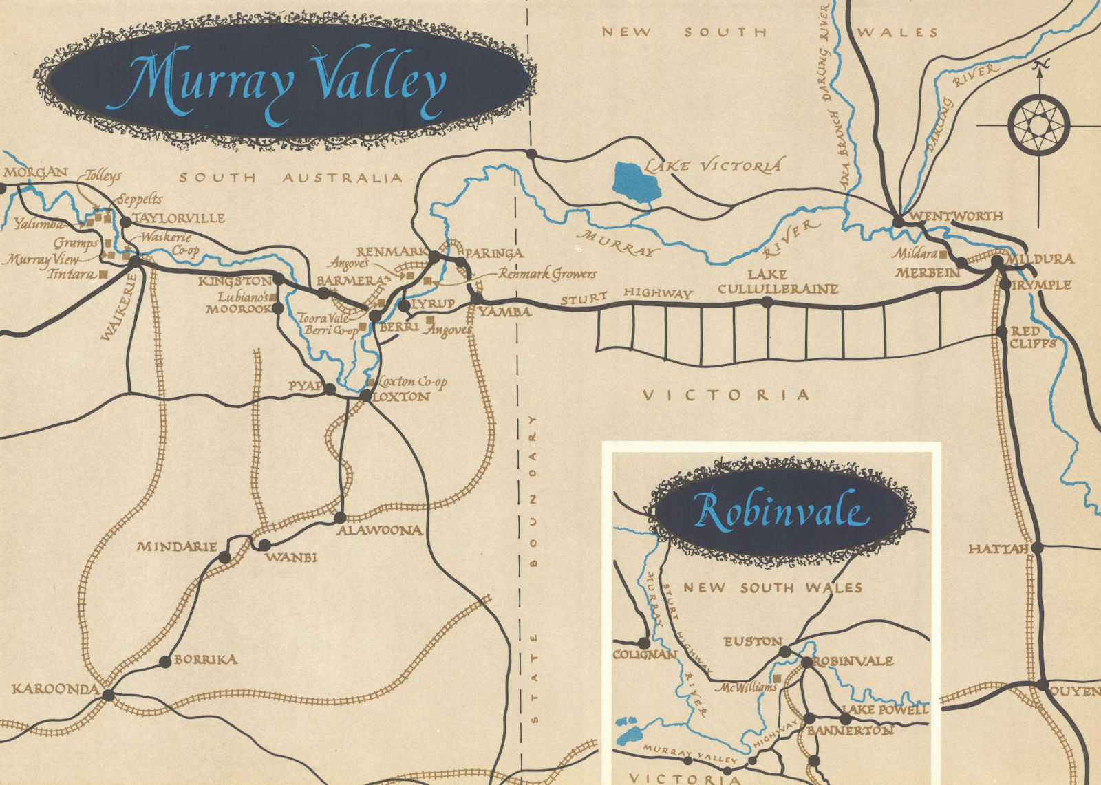 Associate Product Murray Valley & Robinvale. New South Wales & Victoria wineries 1966 old map
