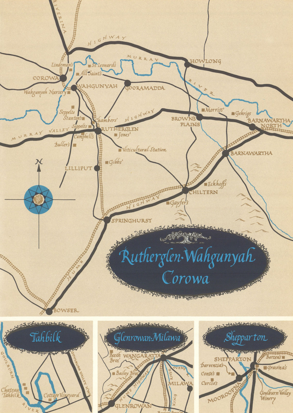 Rutherglen Tahbilk Glenrowan Shepparton. Victoria Australia wineries 1966 map