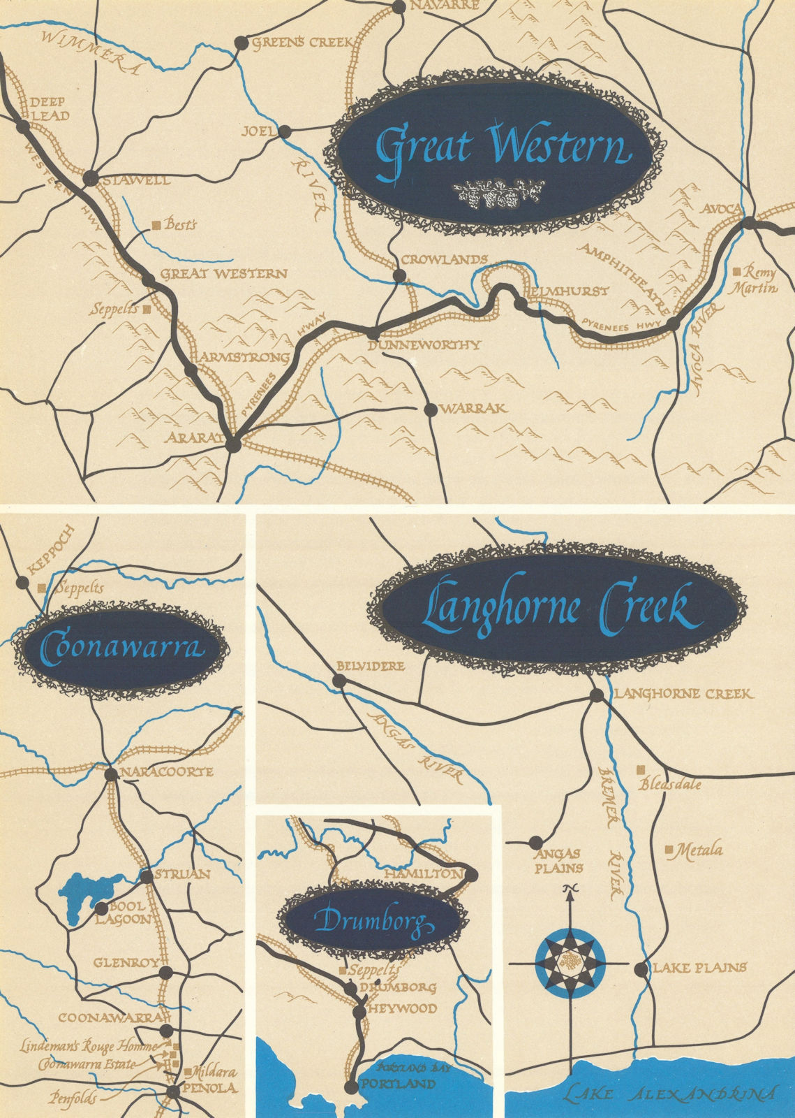 Great Western Coonawarra Langhorne Creek Henty Australia wineries 1966 old map