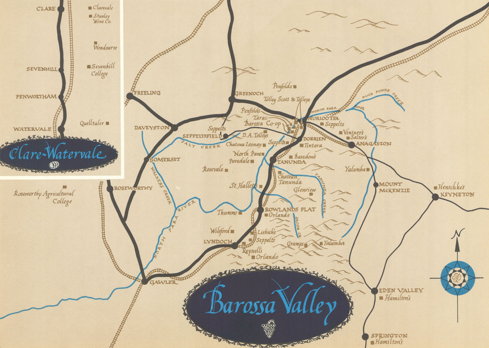 Clare, Watervale & Barossa Valley. South Australia wineries 1966 old map