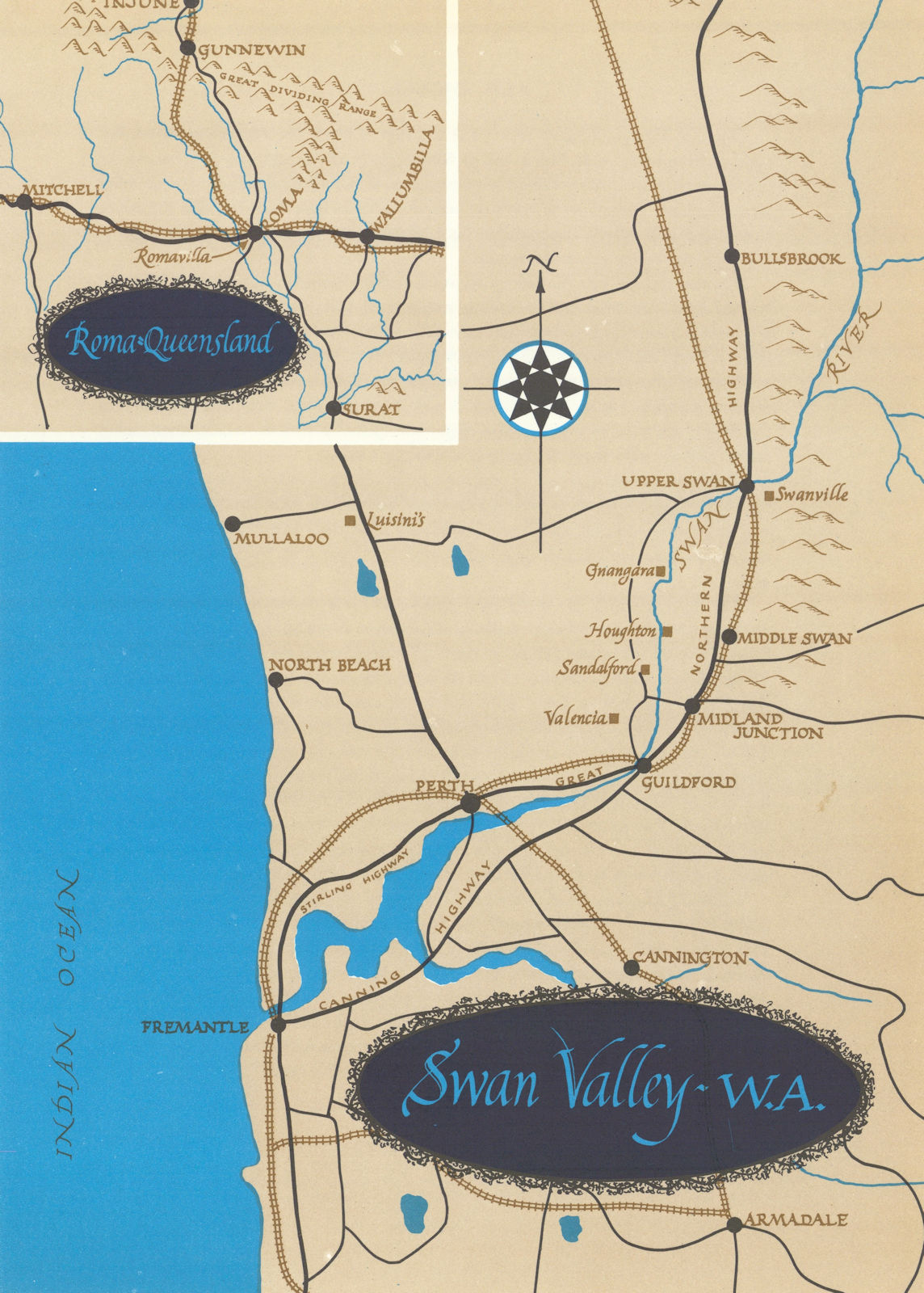 Associate Product Swan valley, Western Australia & Roma, Queensland wineries. Australia 1966 map