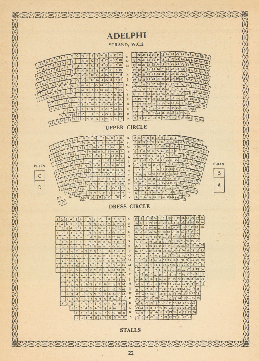 Adelphi Theatre, Strand, London. Vintage seating plan 1960 old vintage print