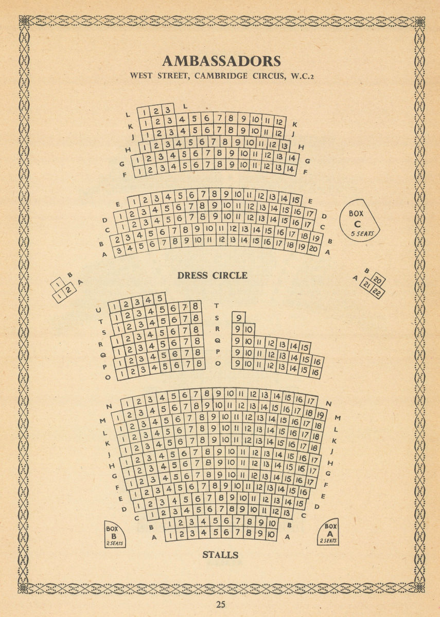 Ambassadors Theatre, Charing Cross Road, London. Vintage seating plan 1960