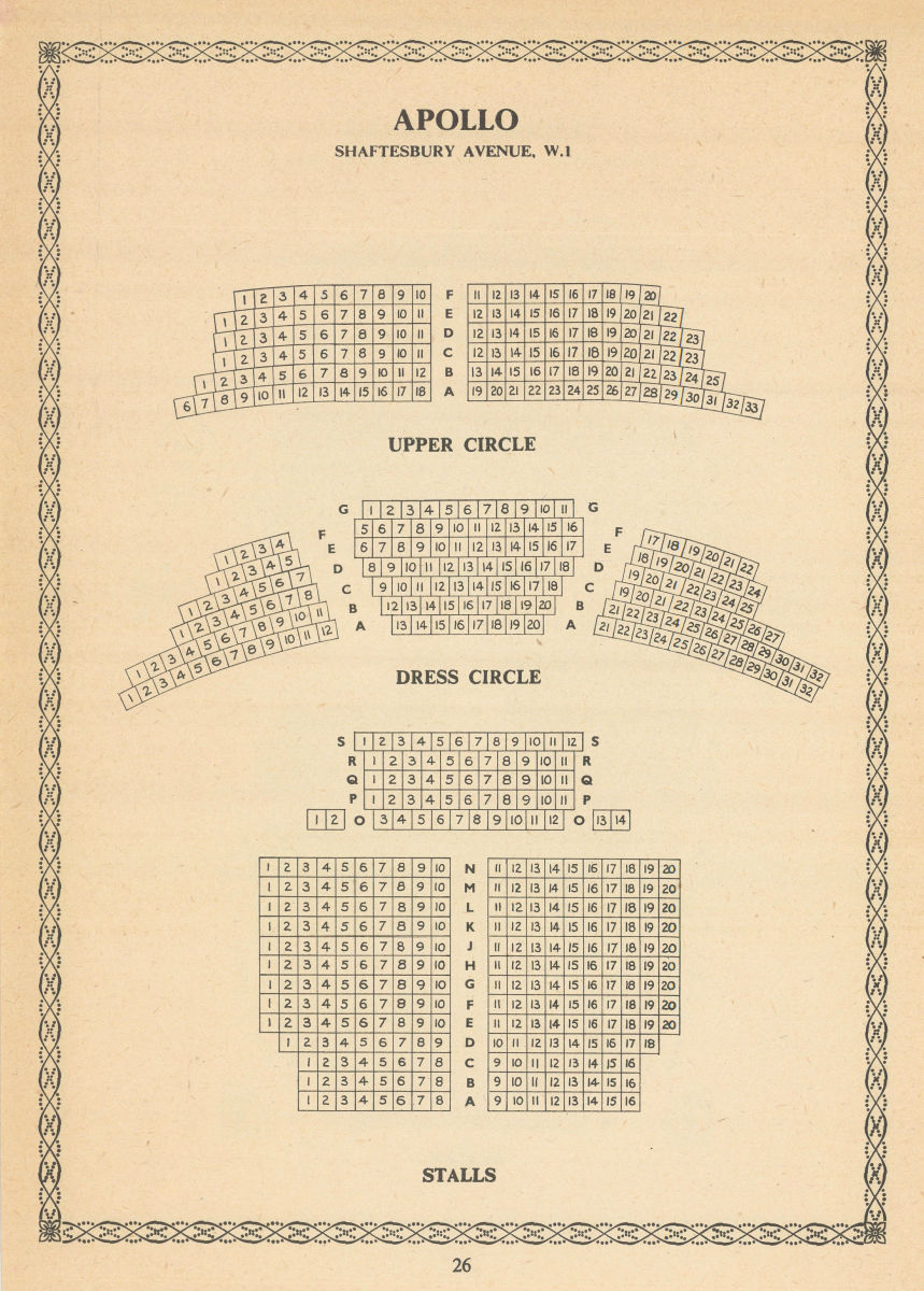 Associate Product Apollo Theatre, Shaftesbury Avenue, London. Vintage seating plan 1960 print