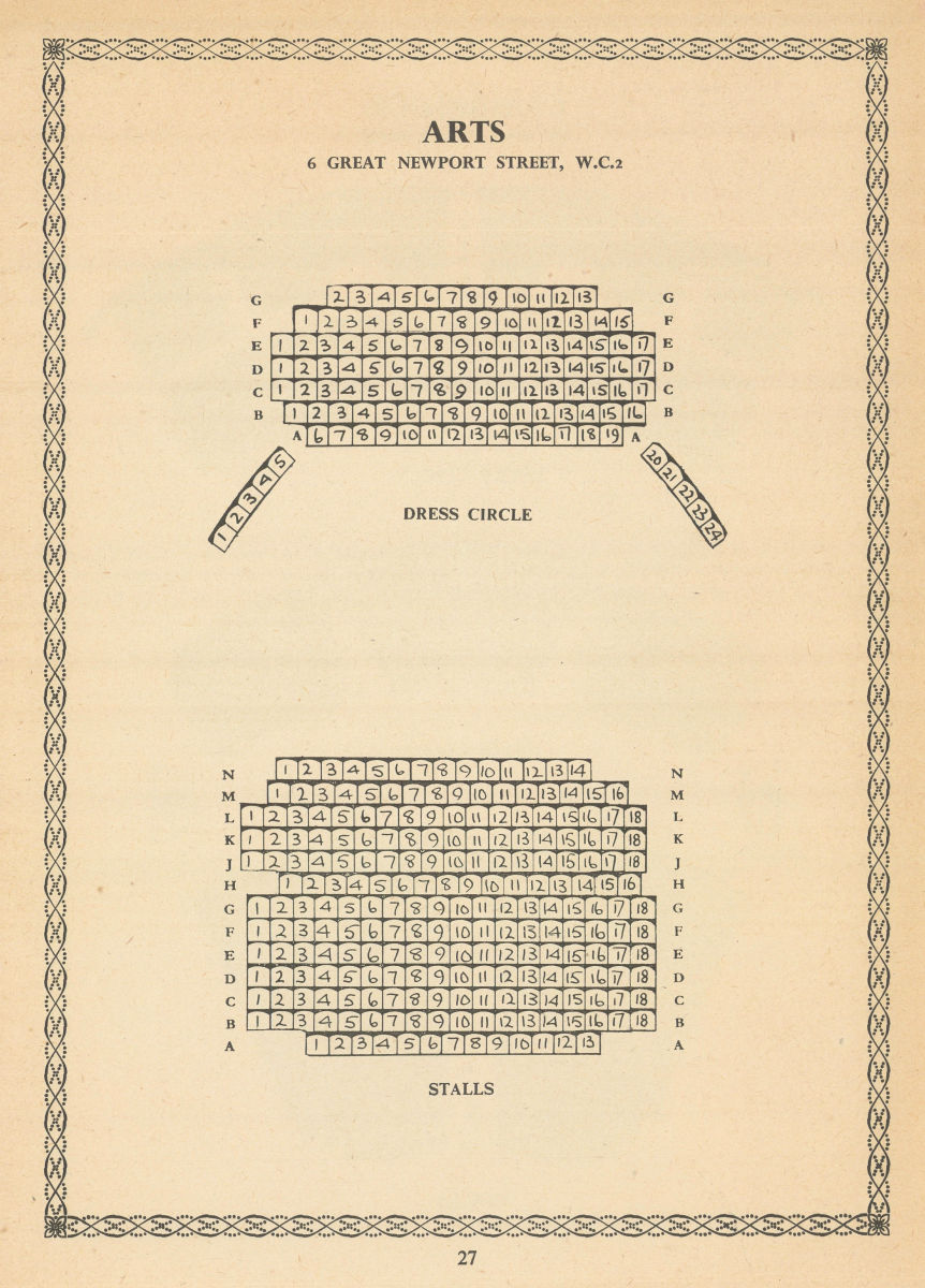 Associate Product Arts Theatre, Great Newport Street, London. Vintage seating plan 1960 print