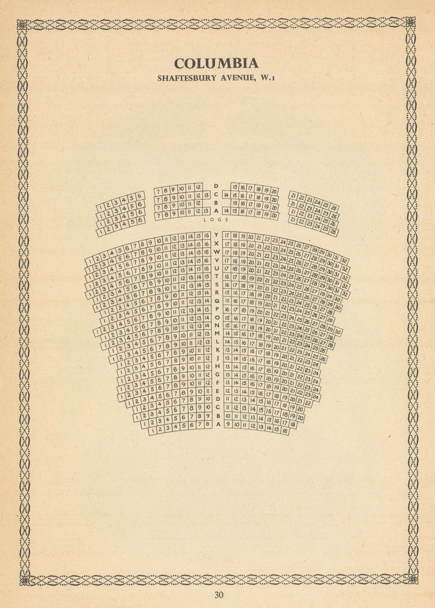 Columbia Theatre, Shaftesbury Avenue, London. Vintage seating plan 1960 print