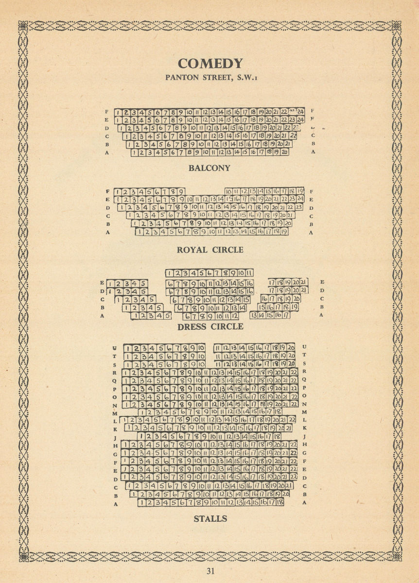 Associate Product Comedy (now Harold Pinter) Theatre, Panton Street. Vintage seating plan 1960