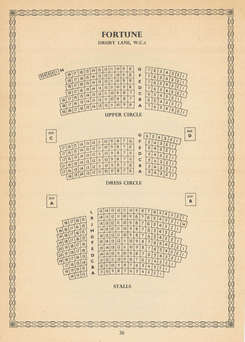 Fortune Theatre, Drury Lane, London. Vintage seating plan 1960 old print