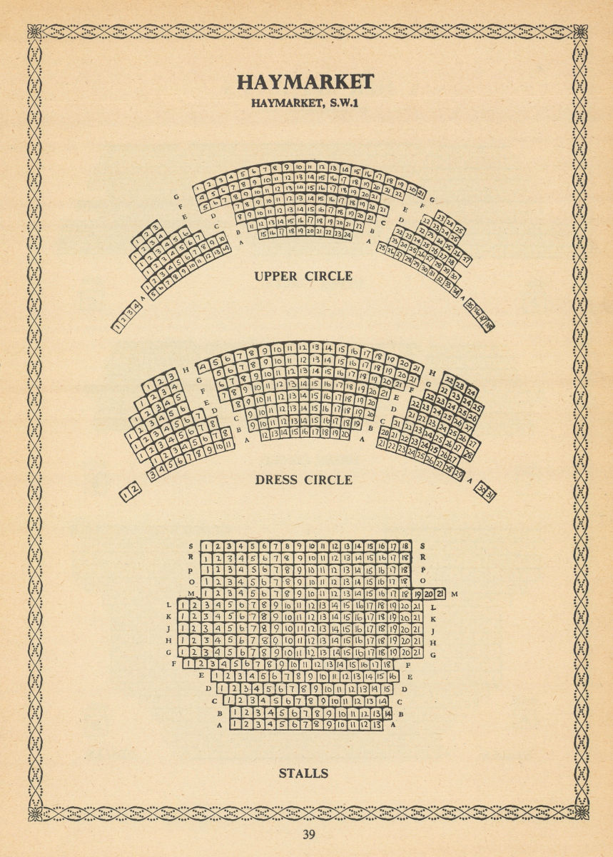 Associate Product Haymarket Theatre (Theatre Royal), London. Vintage seating plan 1960 old print