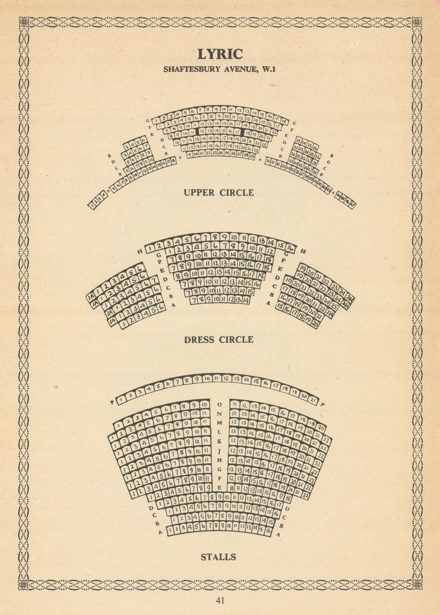 Lyric Theatre, Shaftesbury Avenue, London. Vintage seating plan 1960 old print