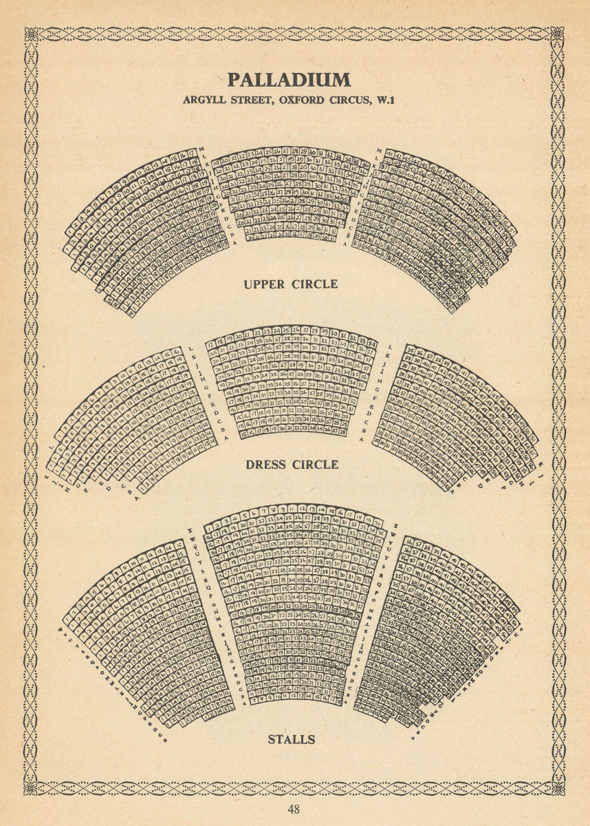 Palladium Theatre, Oxford Circus, London. Vintage seating plan 1960 old print