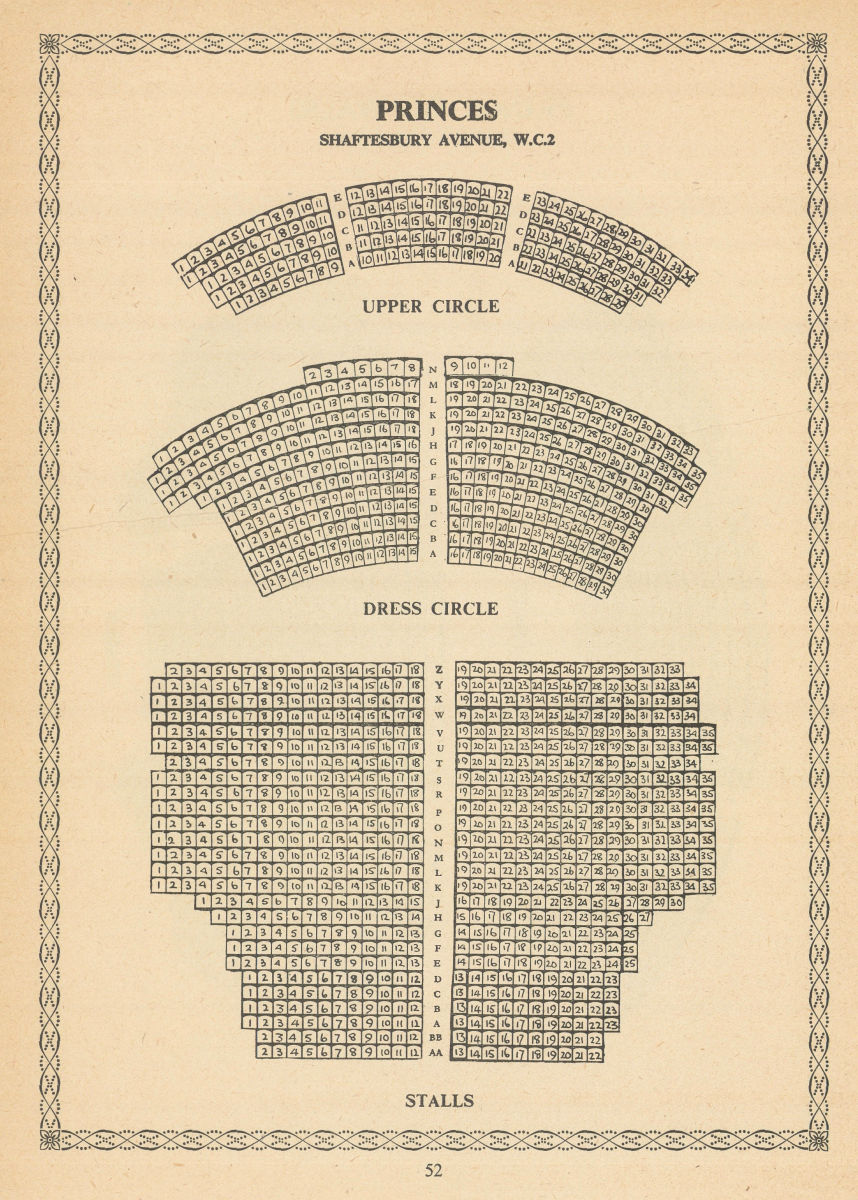Princes (Shaftesbury) Theatre, Shaftesbury Avenue. Vintage seating plan 1960