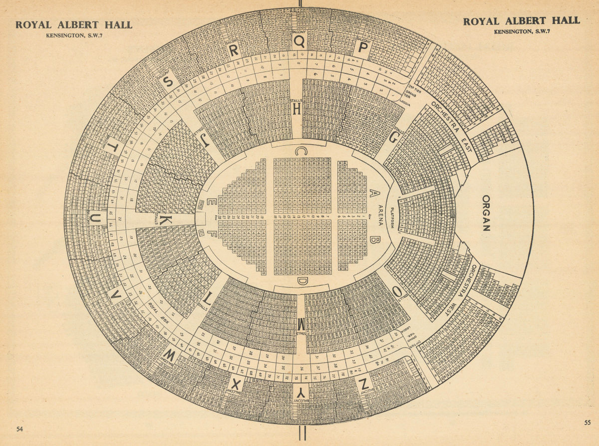 Royal Albert Hall, Kensington, London. Vintage seating plan 1960 old print