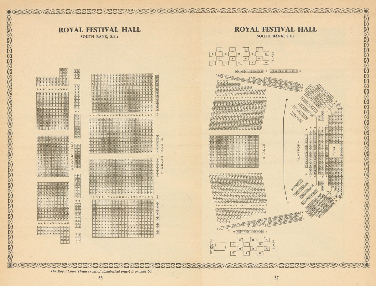 Associate Product Royal Festival Hall, South Bank, London. Vintage seating plan 1960 old print