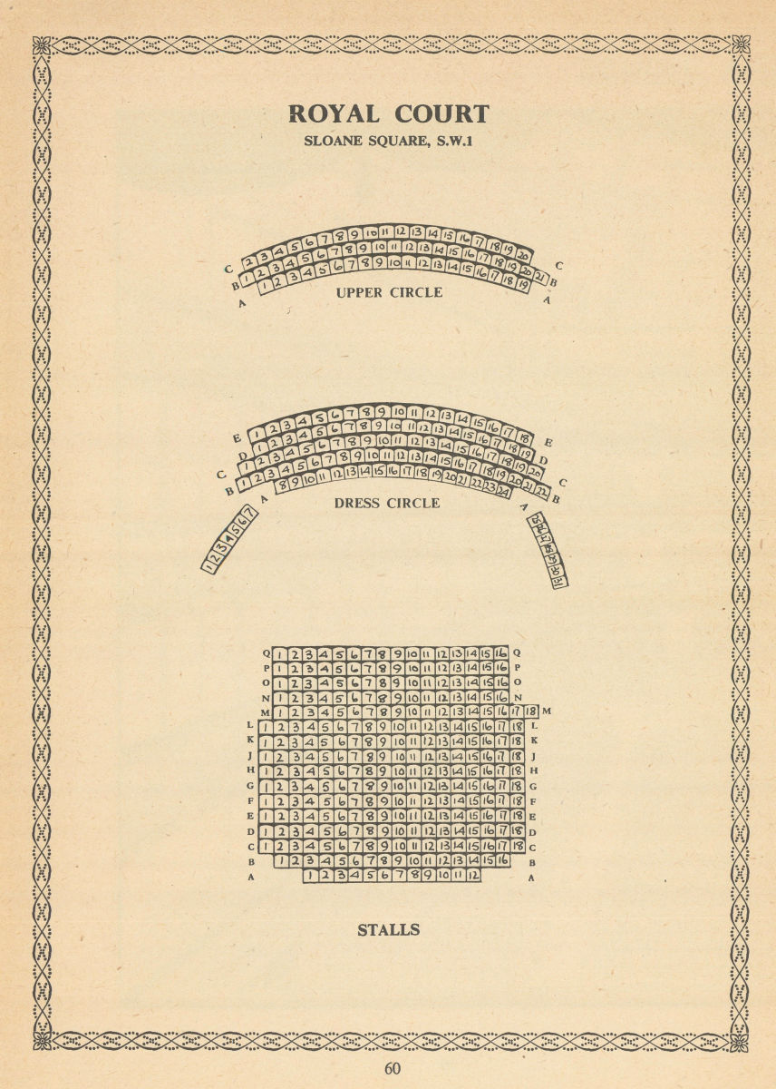 Associate Product Royal Court Theatre, Sloane Square, London. Vintage seating plan 1960 print