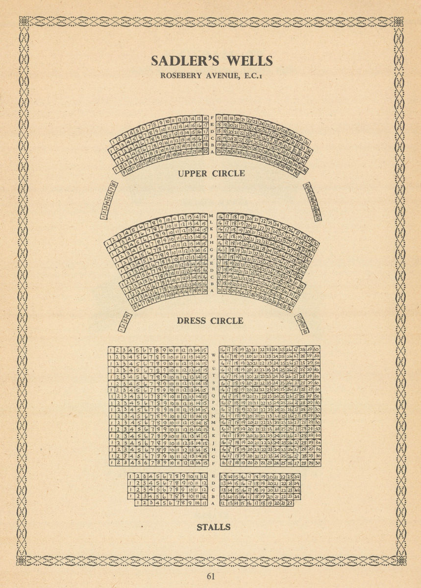 Associate Product Sadlers Wells Theatre, Rosebery Avenue, London. Vintage seating plan 1960