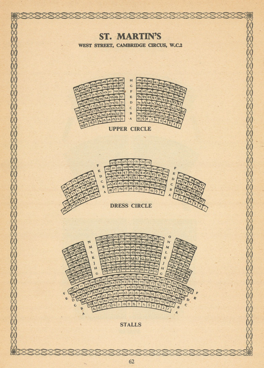 Associate Product St. Martin's Theatre, West Street, Cambridge Circus. Vintage seating plan 1960