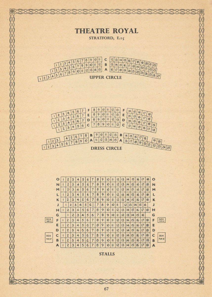 Theatre Royal Stratford East, London E14. Vintage seating plan 1960 old print