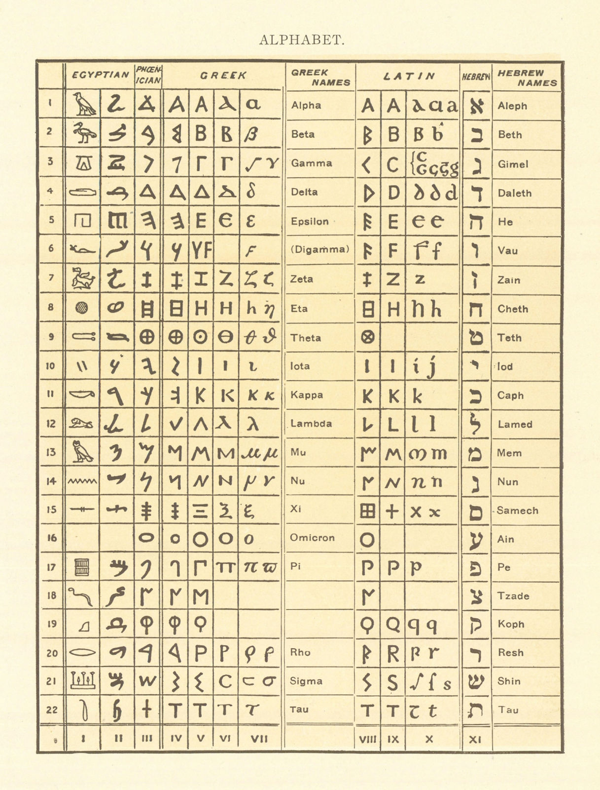 Alphabet. Egyptian Phoenician Greek Names Latin Hebrew 1907 old antique print