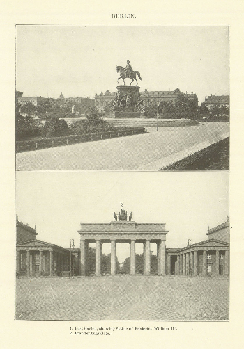 BERLIN. Lust Garten, showing Frederick William III Statue. Brandenburg Gate 1907