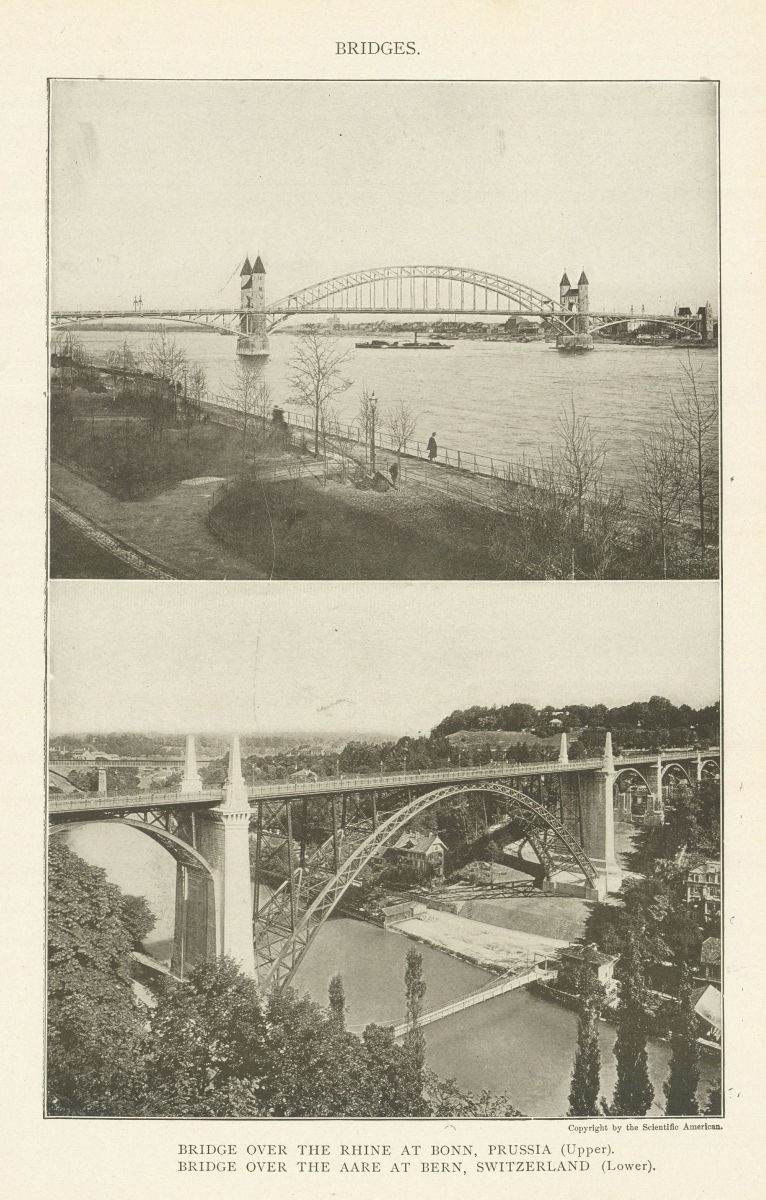 BRIDGES. RHINE, BONN. AARE AT BERN, SWITZERLAND 1907 old antique print picture