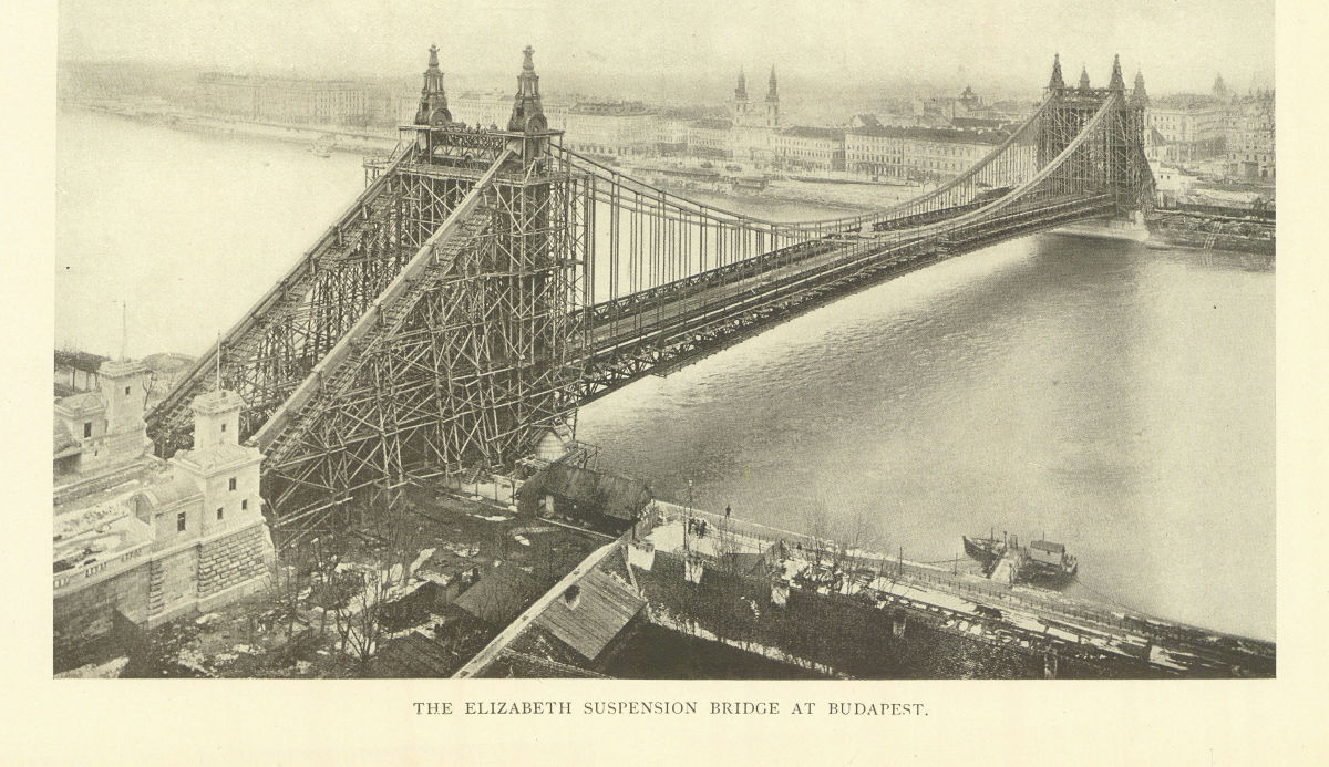 The Elizabeth Suspension Bridge At Budapest. Hungary 1907 old antique print