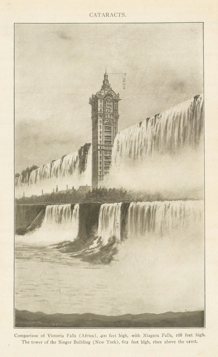 Victoria Falls, Niagara Falls & Singer Building (New York) compared 1907 print