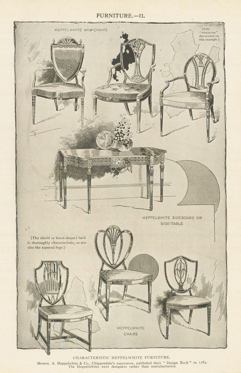 FURNITURE ll. CHARACTERISTIC HEPPELWHITE FURNITURE 1907 old antique print