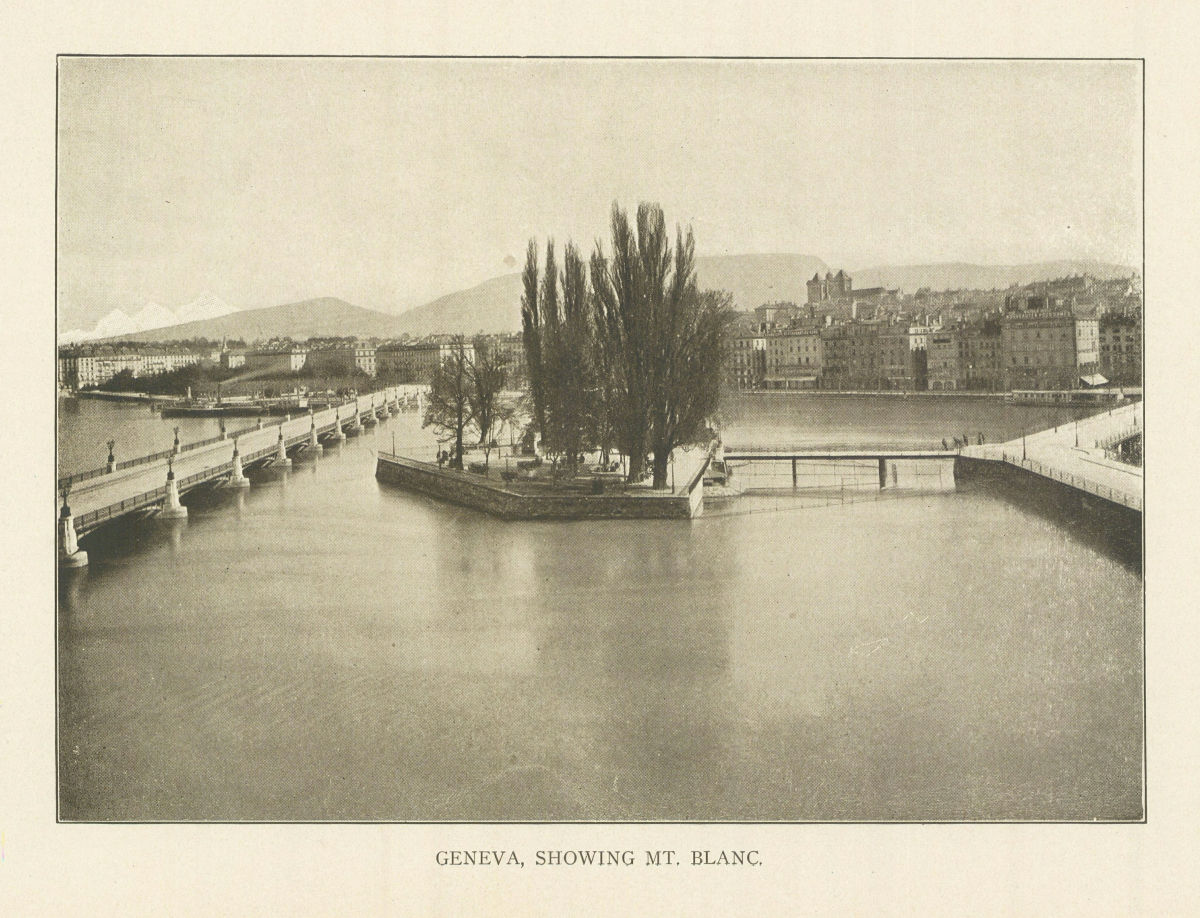Geneva, Showing Mt. Blanc. Switzerland 1907 old antique vintage print picture