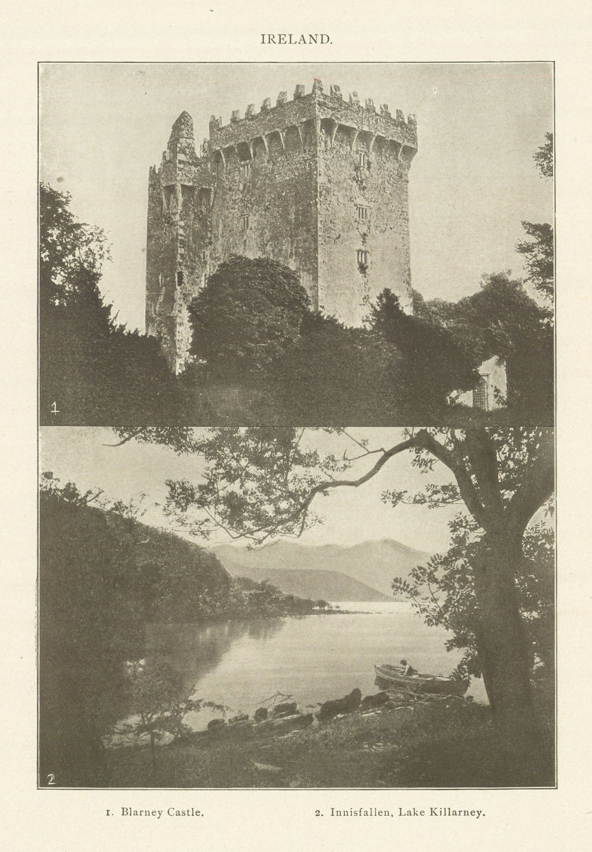 IRELAND. 1. Blarney Castle. 2. lnnisfallen, Lake Killarney 1907 old print