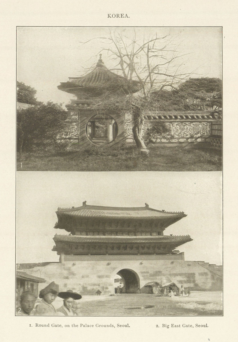 Associate Product KOREA. 1. Round Gate, on the Palace Grounds, Seoul. 2. Big East Gate, Seoul 1907