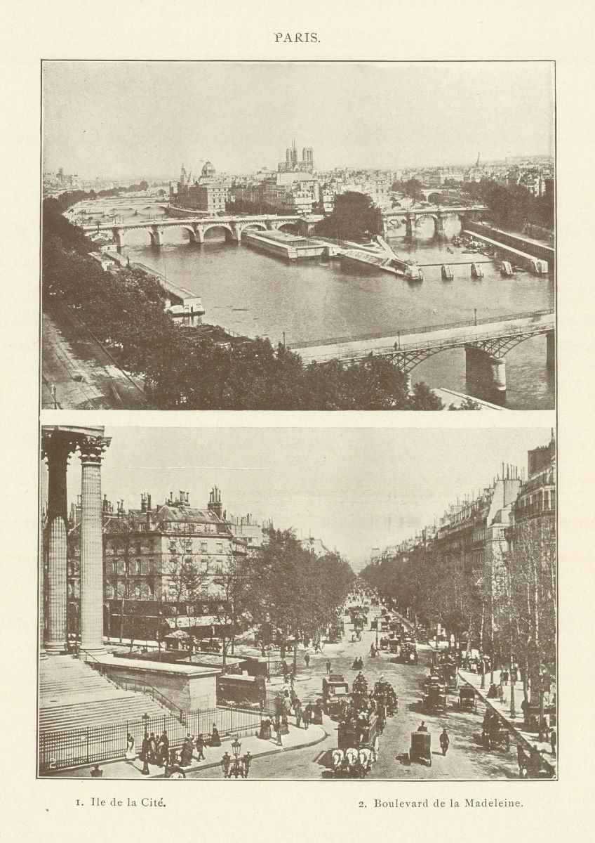 PARIS. 1. Ile de la Cité. 2. Boulevard de la Madeleine 1907 old antique print