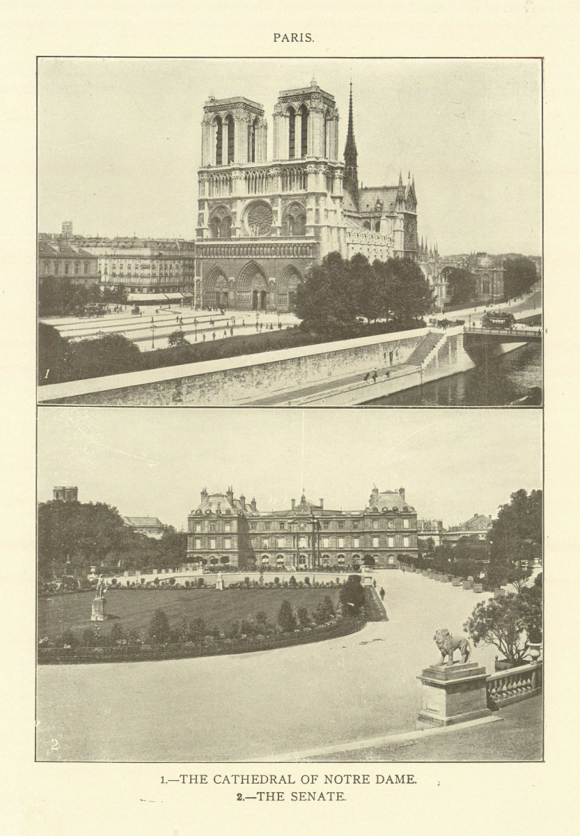 Paris. 1. The Cathedral of Notre Dame. 2.The Senate 1907 old antique print
