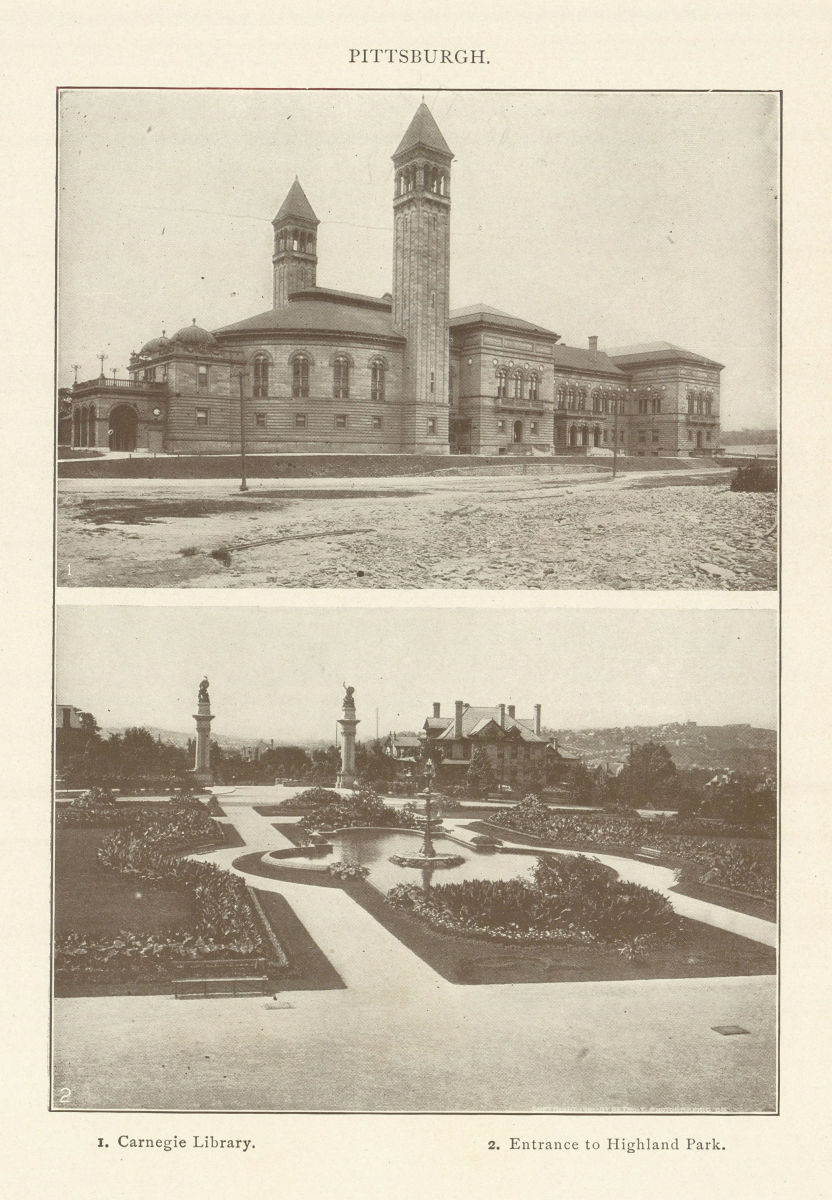 Associate Product PITTSBURGH. 1. Carnegie Library. 2. Entrance to Highland Park. Pennsylvania 1907