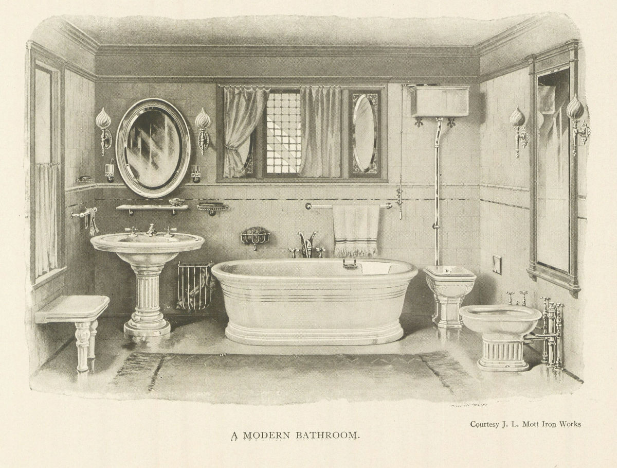 A MODERN BATHROOM. Courtesy J.L. Mott Iron Works. Interiors 1907 old print