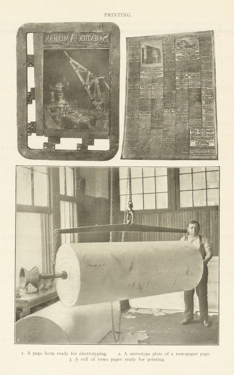 PRINTING. Page form electrotype. stereotype newspaper page plate & roll 1907