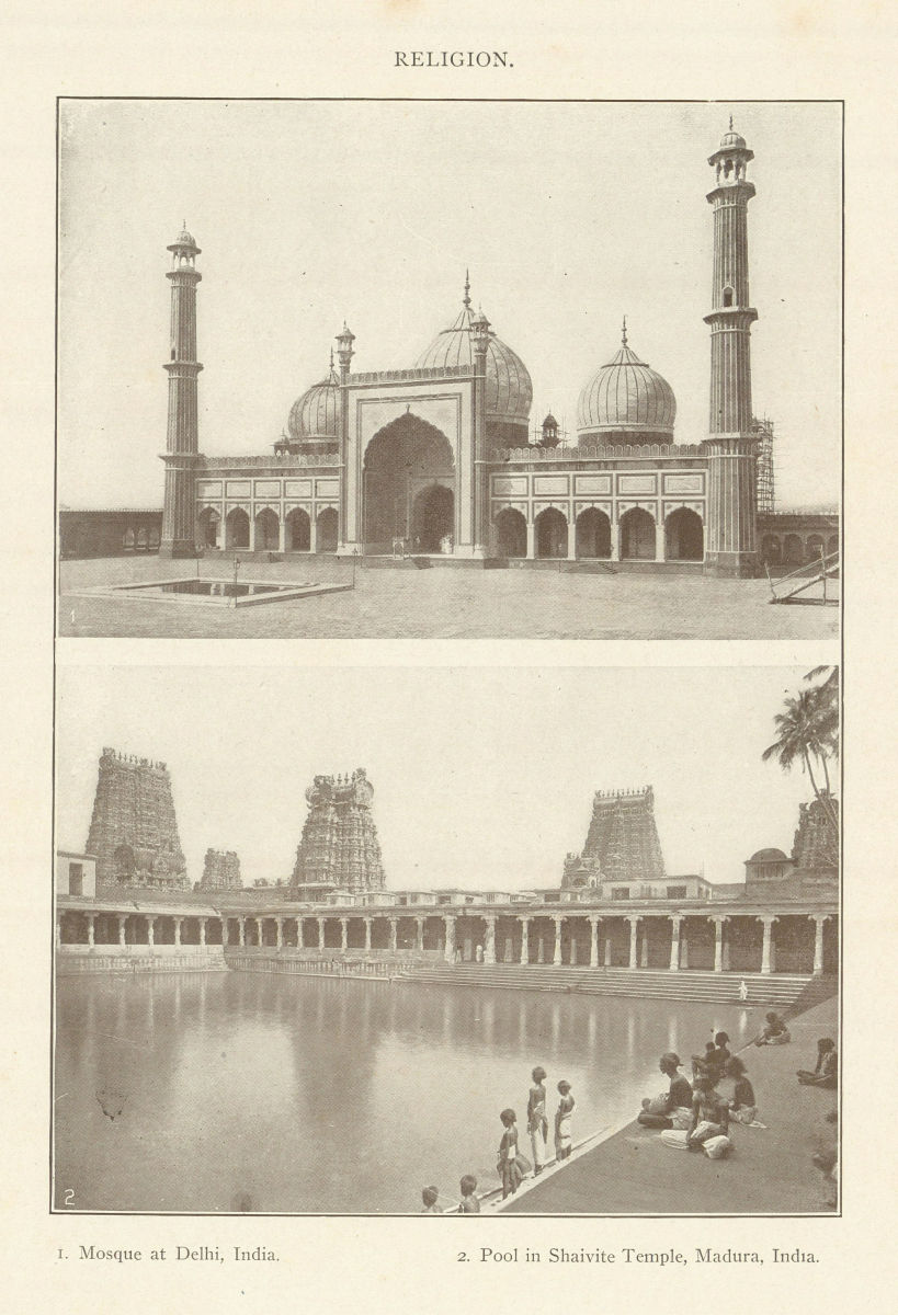 RELIGION. Mosque at Delhi, India. Pool in Shaivite Temple, Madura, India 1907