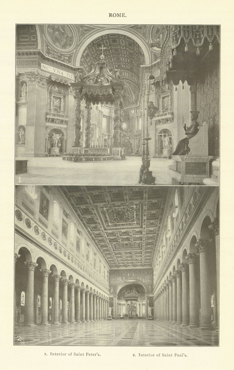 ROME. 1. Interior of Saint Peter's. 2. Interior of Saint Paul's 1907 old print