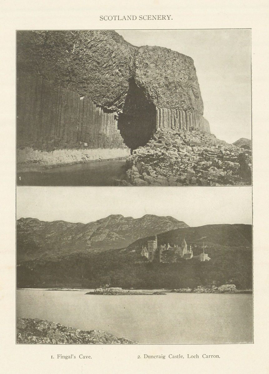 SCOTLAND SCENERY. 1. Fingal's Cave. 2. Duncraig Castle, Loch Carron 1907 print