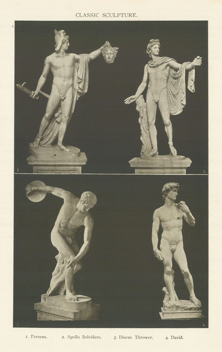 CLASSIC SCULPTURE. Perseus. Apollo Belvidere. Discus Thrower. David 1907 print