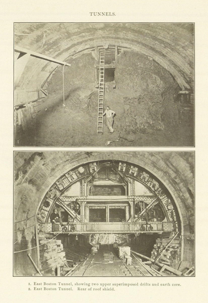 East Boston Tunnel, superimposed drifts & earth core. Rear of roof shield 1907