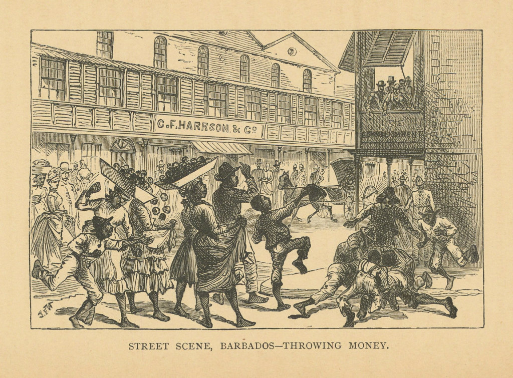 Street Scene, Barbados - throwing money 1889 old antique vintage print picture