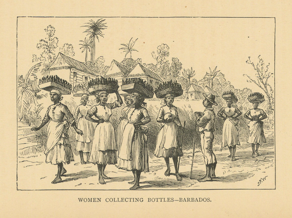 Women collecting bottles - Barbados 1889 old antique vintage print picture