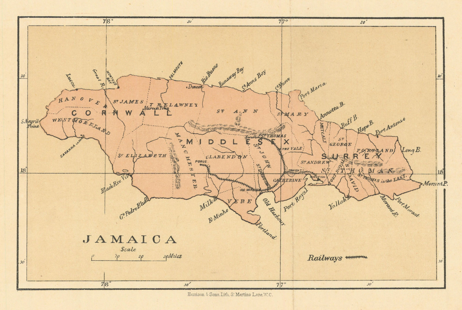 Jamaica. Counties, parishes & railways. WASHINGTON EVES 1889 old antique map